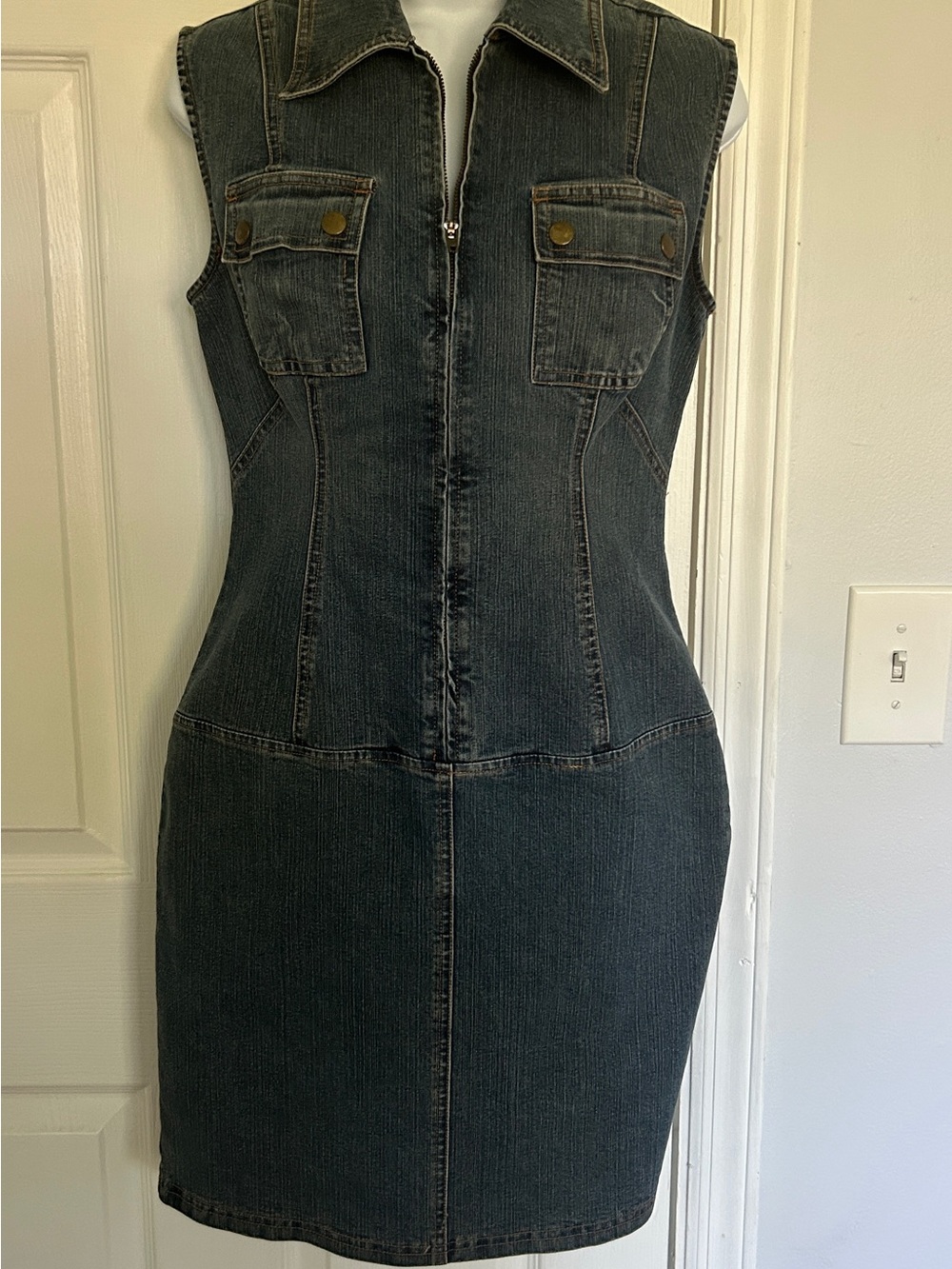 Moda International Dark Blue Denim Zip-Front Sheath Dress